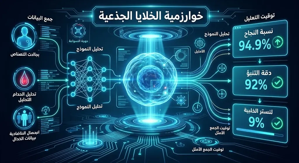 إنفوجرافيك طبي يوضح نسب نجاح الخوارزمية التنبؤية لجمع الخلايا الجذعية بدقة تنبؤ 92% ونجاح إجمالي 94.9%.