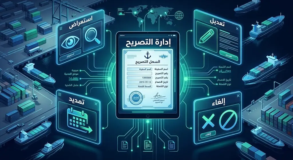 تصميم معلوماتي يبرز خيارات الإدارة المتعددة لتصريح الإبحار في منصة أبشر والتي تشمل الاستعراض والتعديل والتمديد والإلغاء.