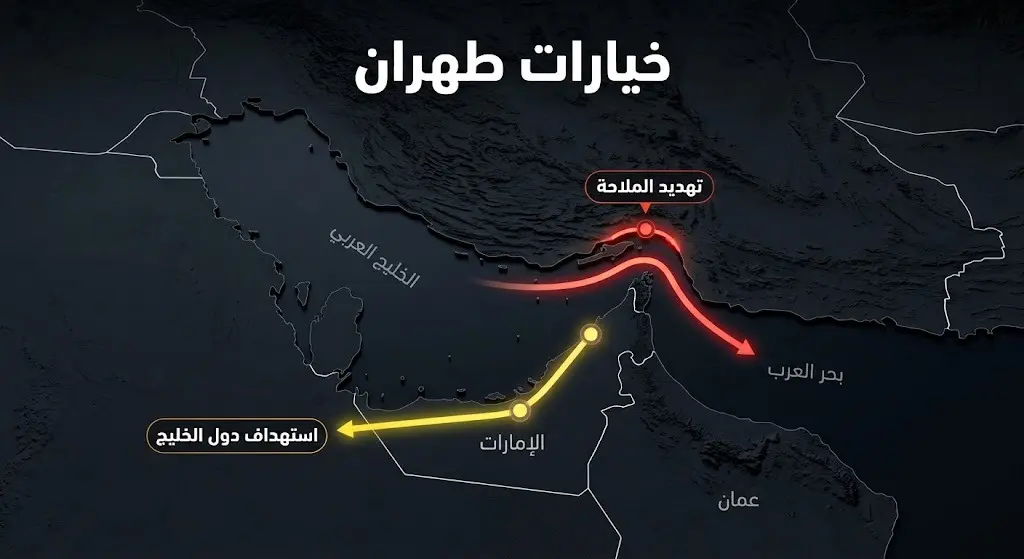 تصميم إنفوجرافيك يوضح خيارات إيران الاستراتيجية في المنطقة عبر تهديد الملاحة واستهداف دول الجوار.