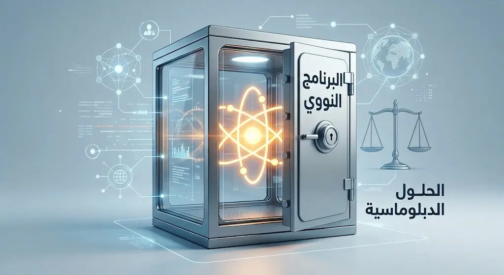تصميم إبداعي يرمز إلى احتواء البرنامج النووي داخل قبو رقمي متطور في إشارة إلى فاعلية الحلول الدبلوماسية