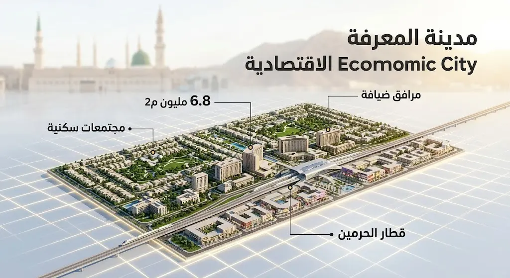 تصميم ثلاثي الأبعاد يعرض المخطط العام ومكونات مدينة المعرفة الاقتصادية في المدينة المنورة ومرافقها الحيوية المتنوعة.