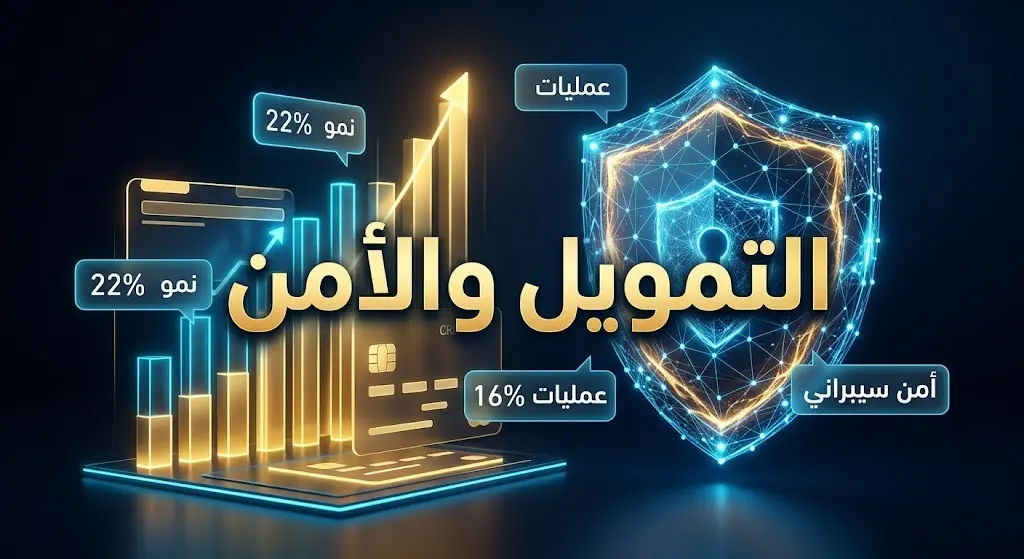 تصميم بصري يعبر عن سعي الشركات للحصول على التمويل لدعم النمو والعمليات، بالتوازي مع تعزيز متطلبات الأمن السيبراني الرقمي.