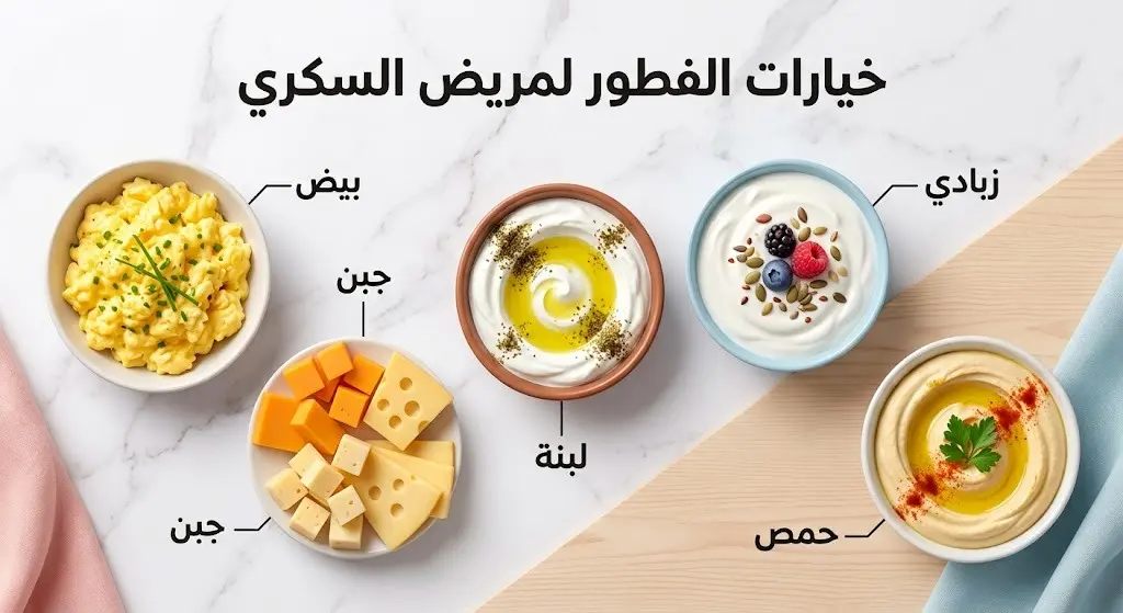 إنفوجرافيك يوضح 5 خيارات صحية لفطور مريض السكري تشمل البيض والجبن واللبنة والزبادي والحمص.