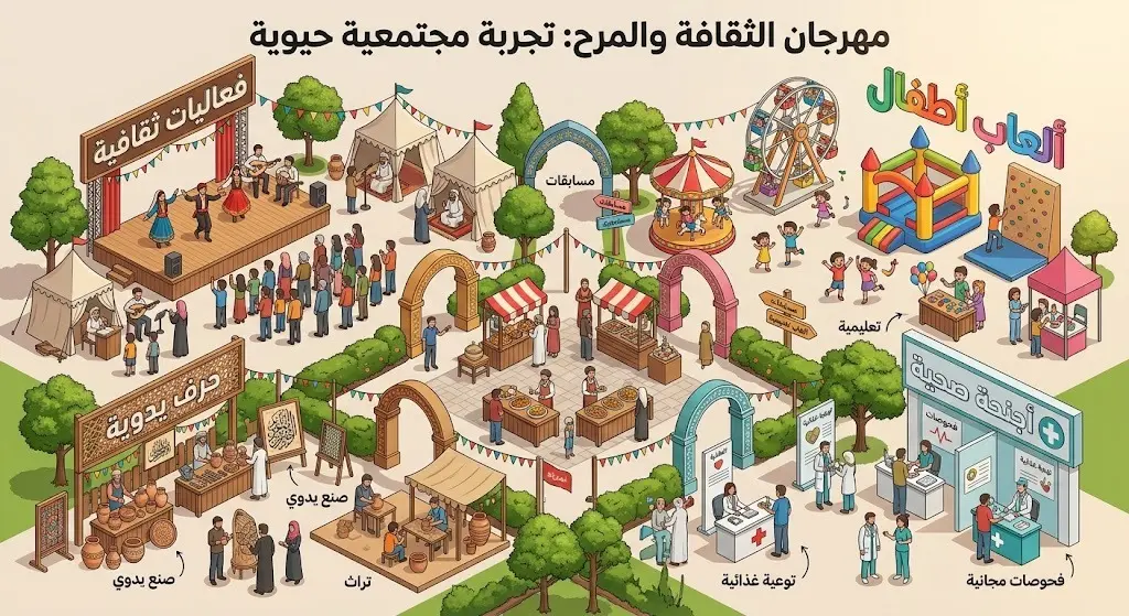 إنفوجرافيك وتصميم بصري يستعرض تنوع فعاليات مهرجان البصر بين الثقافة، الترفيه، الحرف اليدوية، والأنشطة الصحية.