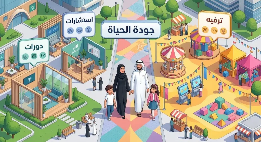 رسم توضيحي يجسد تكامل الخدمات والترفيه الموجه للأسرة في المهرجان، مع إبراز الجوانب التثقيفية والاستشارات المجانية.