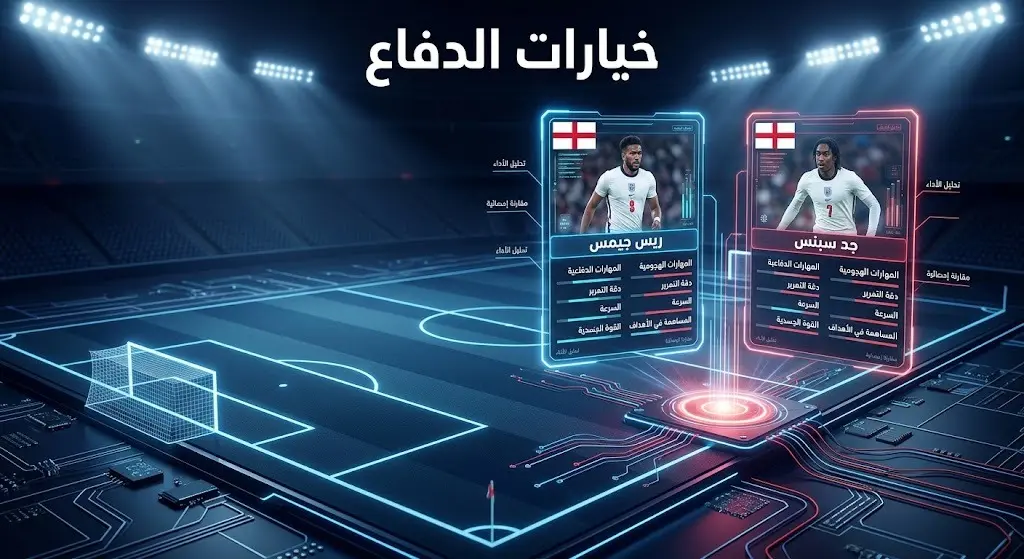تصميم تكتيكي يبرز الخيارات الدفاعية المتاحة لمنتخب إنجلترا لتعويض غياب كوانساه، ويقارن بين ريس جيمس وجد سبنس في مركز الظهير الأيمن.