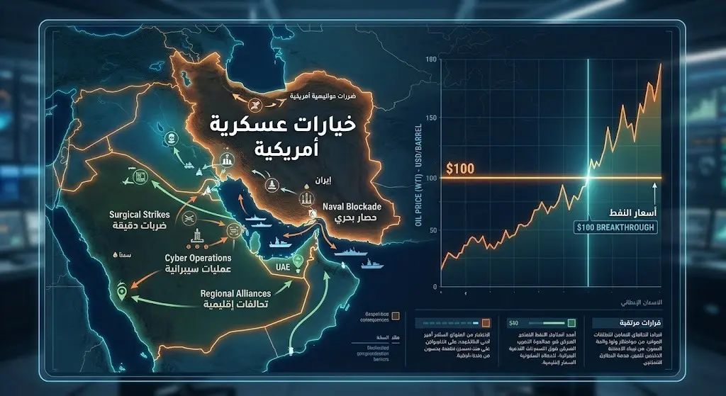 تصميم إنفوجرافيك يوضح الخيارات العسكرية الأمريكية المحتملة وتأثير التصعيد على أسعار النفط التي تجاوزت 100 دولار.