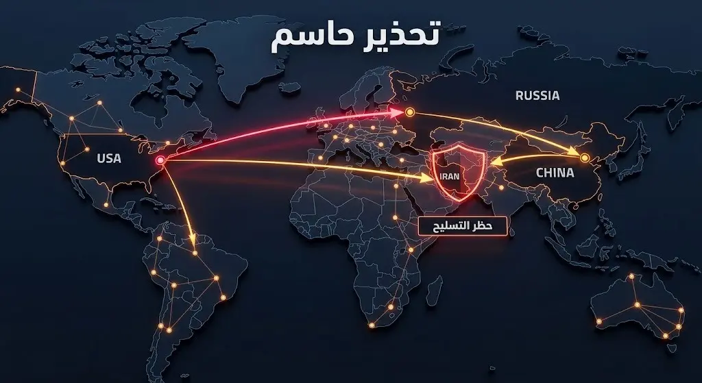 خريطة جيوسياسية بأسلوب الإنفوجرافيك توضح التحذير الأمريكي الحاسم لروسيا والصين بمنع تسليح إيران، مع خطوط حمراء ورموز حظر تسليح متوهجة.