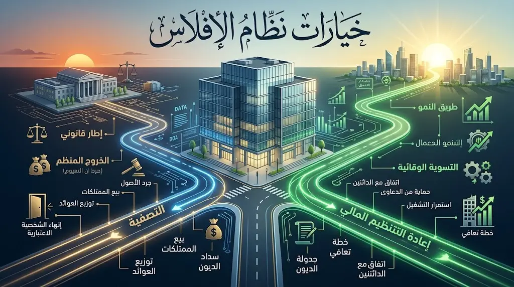 إنفوجرافيك تعبيري يوضح مسارات وخيارات نظام الإفلاس للشركات المتعثرة بين إعادة الهيكلة والتصفية المنظمة.