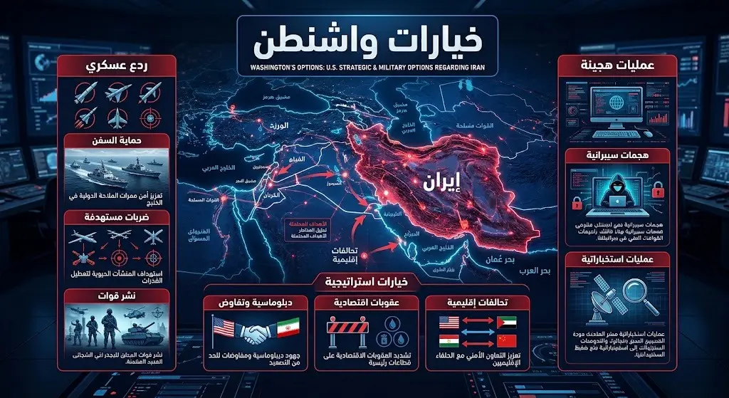 إنفوجرافيك استراتيجي يستعرض الخيارات العسكرية والسياسية المتاحة لواشنطن للتعامل مع طهران وسط تصاعد التوترات.