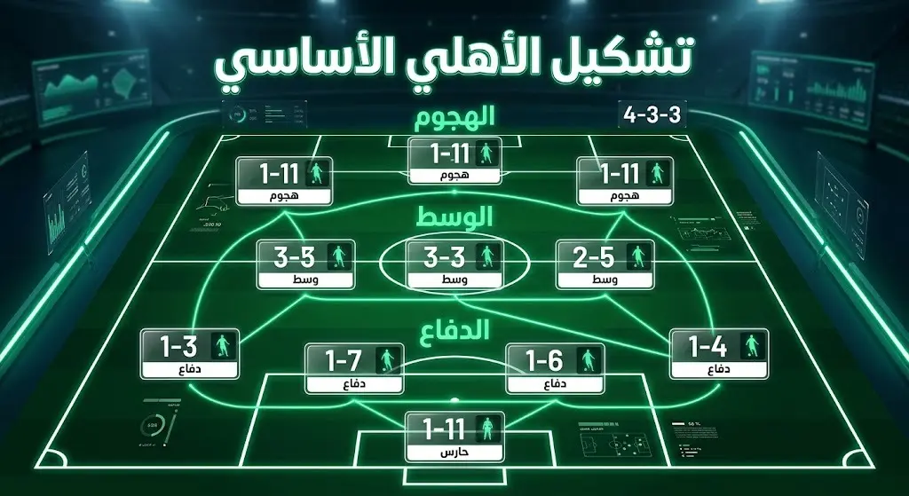 إنفوجرافيك يوضح التشكيل الأساسي للنادي الأهلي وتوزيع اللاعبين على أرض الملعب في مباراته الودية ضد فيتوريا جيماريش بقيادة المدرب ماتياس يايسله.