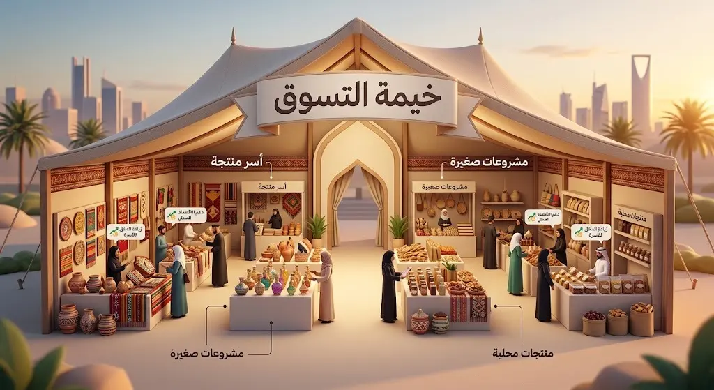 مشهد إبداعي لخيمة التسوق في مهرجان رفحاء، يعرض الأركان التجارية والمنتجات المحلية للأسر المنتجة وسط إضاءة دافئة.