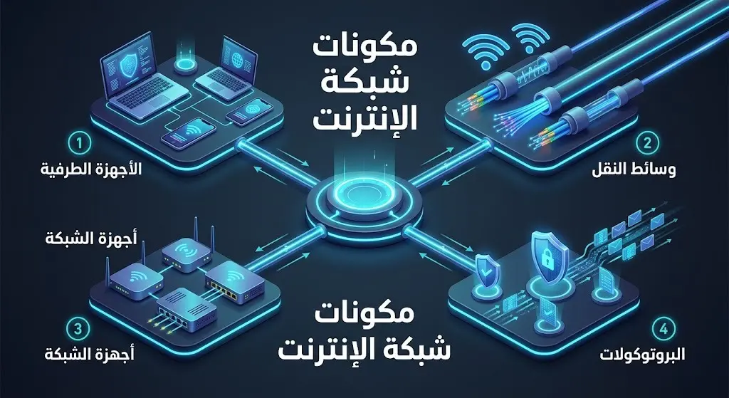 إنفوجرافيك ثلاثي الأبعاد يوضح المكونات الأربعة الأساسية لشبكة الإنترنت وهي الأجهزة الطرفية، وسائط النقل، الأجهزة الوسطية، والبروتوكولات.