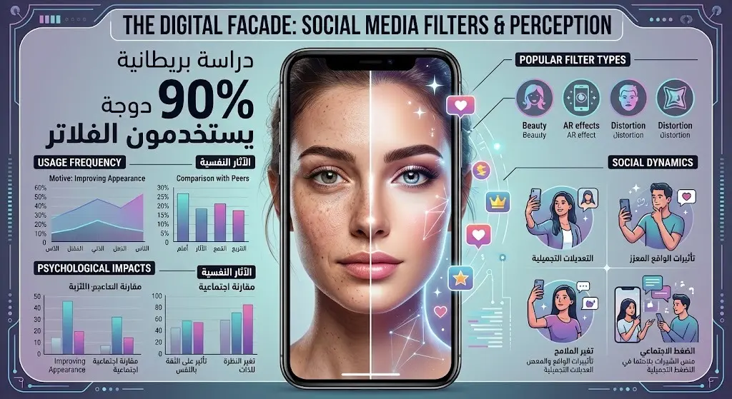تصميم إنفوجرافيك يوضح إحصائية تشير إلى أن 90% من مستخدمي منصات التواصل الاجتماعي يعتمدون على التعديلات الرقمية وفلاتر الوجه.