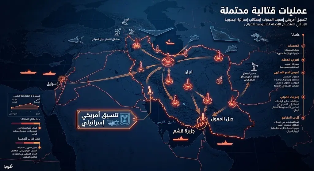 خريطة إنفوجرافيك استراتيجية توضح التنسيق العسكري الأمريكي الإسرائيلي المحتمل لاستهداف منشآت إيرانية مثل جبل المعول وجزيرة قشم.