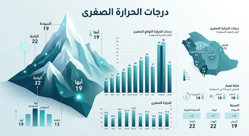 إنفوجرافيك بألوان باردة يبرز درجات الحرارة الصغرى في مدن المملكة، مسلطاً الضوء على الأجواء المعتدلة في أبها والباحة.