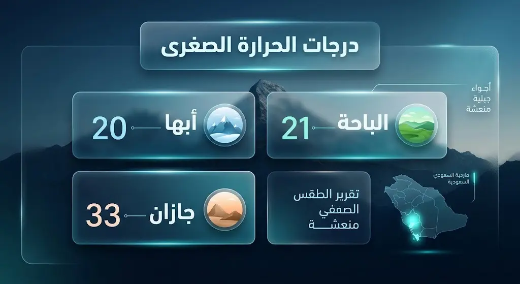 تصميم بياني يستعرض درجات الحرارة الصغرى في المملكة، مسلطاً الضوء على الأجواء المعتدلة في أبها والباحة بدرجات تصل إلى 20 مئوية بألوان باردة وهادئة.