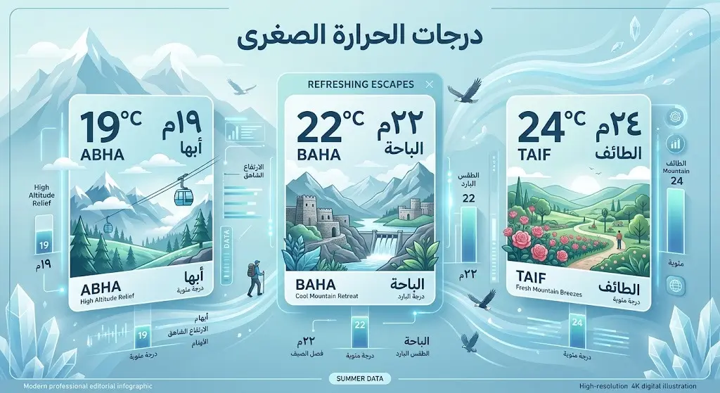 تصميم بياني بألوان باردة يستعرض درجات الحرارة الصغرى في المملكة، وتبرز فيه مدينة أبها كأبرد منطقة بـ 19 درجة مئوية.