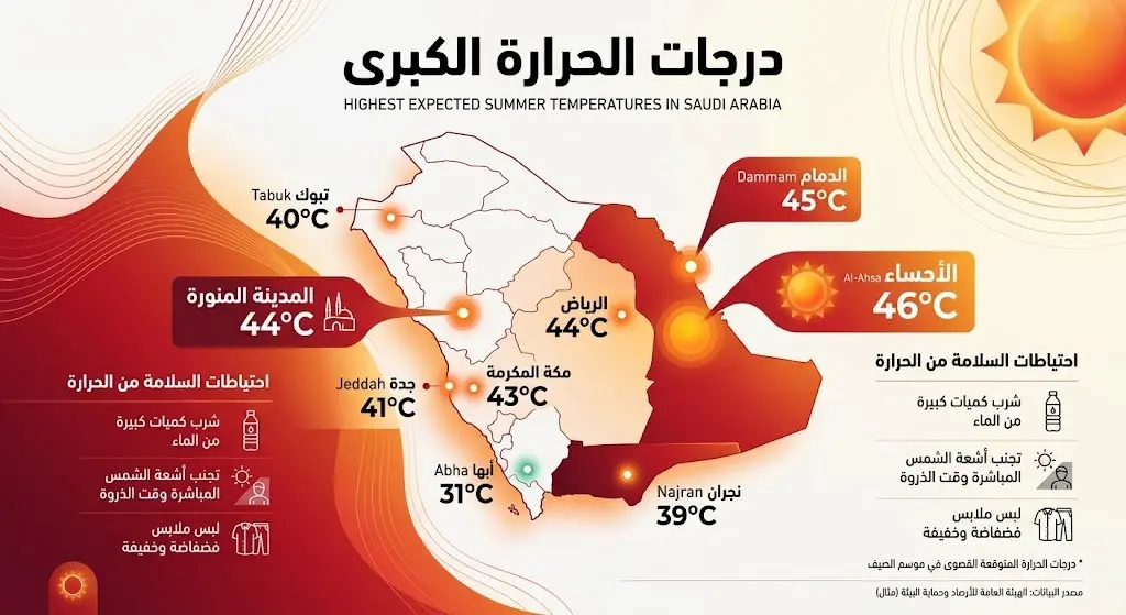 إنفوجرافيك احترافي بألوان دافئة يعرض درجات الحرارة الكبرى المتوقعة في مدن المملكة، حيث تتصدر الأحساء القائمة بـ 46 درجة مئوية.