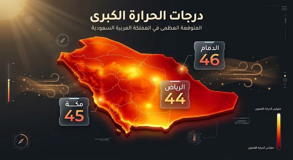 إنفوجرافيك بتصميم حراري يعرض درجات الحرارة الكبرى المتوقعة في مدن المملكة، وتتصدره مدينة الدمام بـ 46 درجة مئوية.
