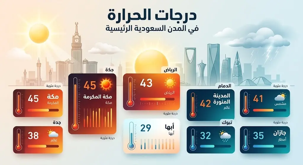 إنفوجرافيك يوضح درجات الحرارة والظواهر الجوية المتوقعة في المدن السعودية الكبرى مثل مكة المكرمة والرياض وأبها.