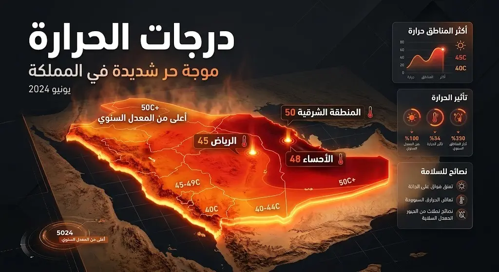 إنفوجرافيك يوضح درجات الحرارة المرتفعة المسجلة في مناطق مختلفة من المملكة العربية السعودية، حيث تتصدر المنطقة الشرقية بـ 50 درجة مئوية.