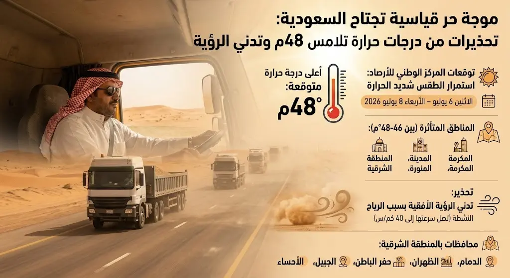 درجات الحرارة تلامس 48 مئوية وسط تحذيرات من تدني الرؤية الأفقية في عدة مناطق سعودية