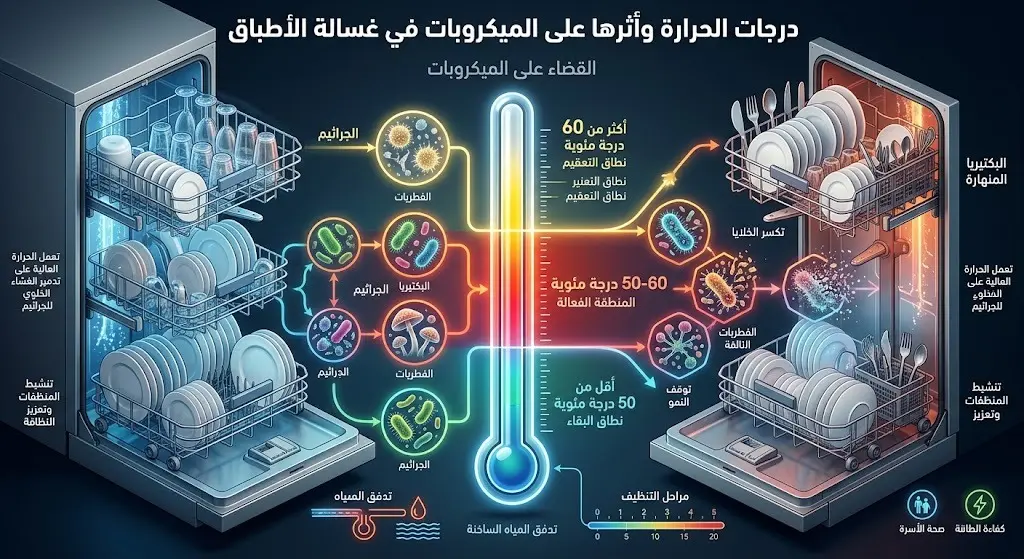 إنفوجرافيك يوضح تأثير درجات الحرارة بين 50 و60 درجة مئوية داخل غسالة الأطباق في القضاء على الميكروبات والفيروسات بمرور الوقت.