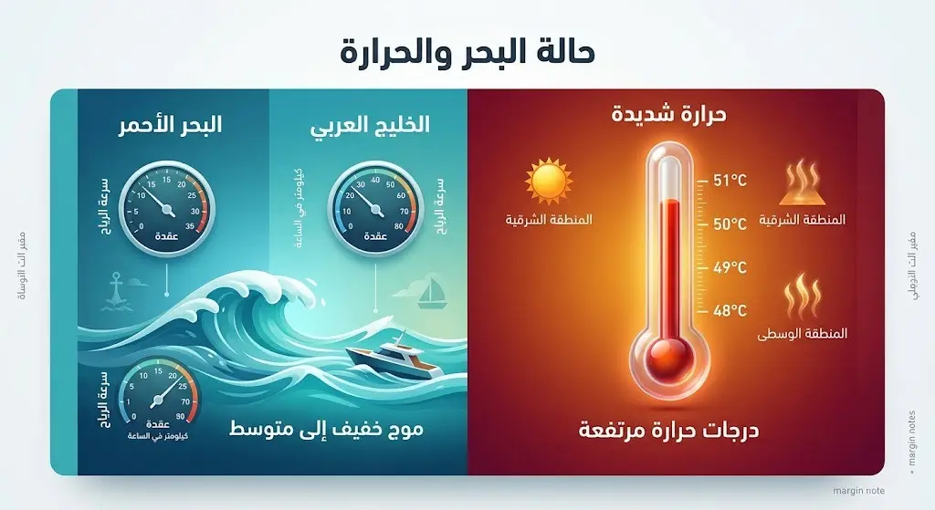 إنفوجرافيك احترافي مقسم يعرض مؤشرات درجات الحرارة المرتفعة، وتفاصيل حالة الأمواج وسرعة الرياح للملاحة البحرية في البحر الأحمر والخليج العربي.