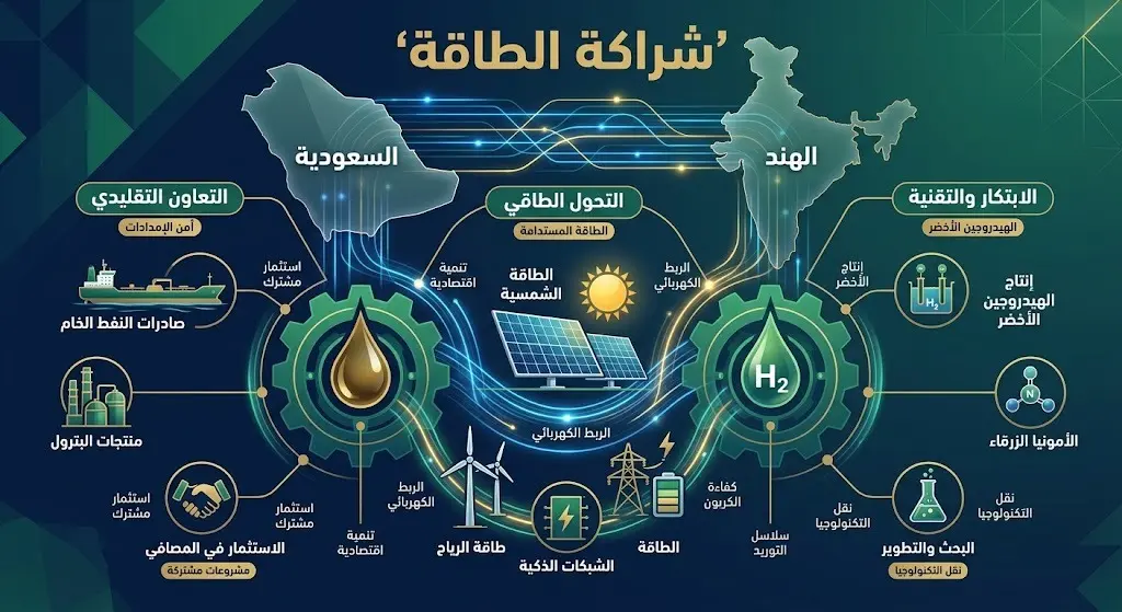 إنفوجرافيك تعبيري يوضح الشراكة الاستراتيجية بين السعودية والهند في قطاع الطاقة وتأمين الموارد الحيوية.
