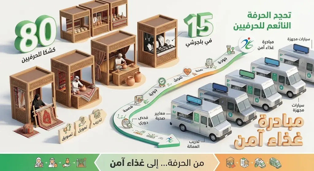 تصميم معلوماتي يوضح توزع أكشاك الأسر المنتجة والحرفيين ومبادرة الغذاء الآمن لعربات الطعام.