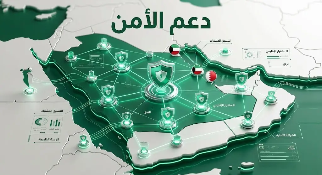 تصميم بصري حديث يظهر دروعاً أمنية مترابطة ترمز للتضامن الخليجي والدعم المطلق للإجراءات التي تتخذها البحرين والكويت لحفظ أمنهما.