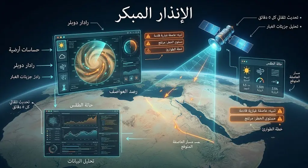 تصميم تعبيري حديث لشاشات ورادارات تمثل نظام الإنذار المبكر لرصد العواصف الغبارية وتحليل البيانات المناخية.