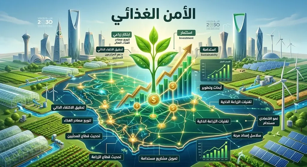 إنفوجرافيك إبداعي يبرز دور الاستثمار الزراعي في تحقيق استدامة الأمن الغذائي ومستهدفات التنمية.