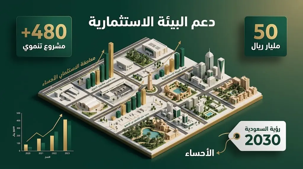 إنفوجرافيك استثماري يعرض حجم المشاريع التنموية في الأحساء بقيمة تتجاوز 50 مليار ريال لتحفيز الاستثمار وتحقيق رؤية 2030.