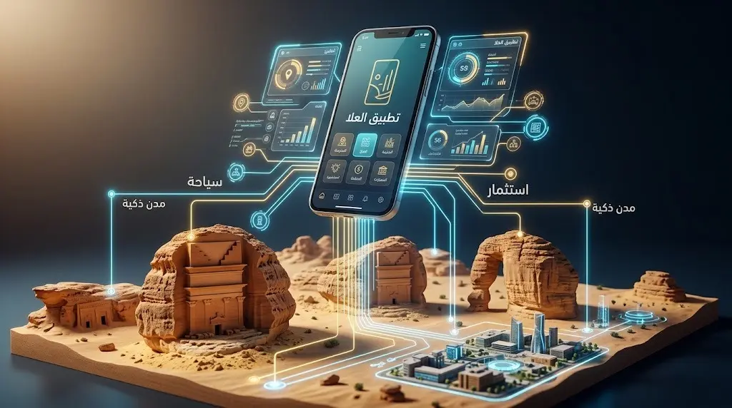 تصميم معلوماتي يدمج بين المعالم التراثية لمحافظة العلا وواجهات رقمية حديثة، يبرز دور تطبيق العلا في دعم التحول الرقمي نحو مدن ذكية.