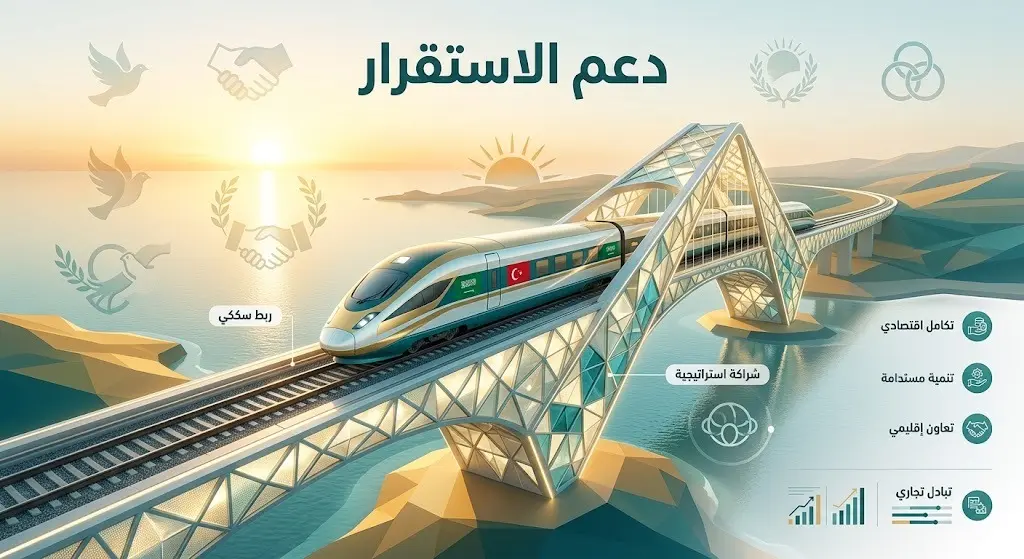 تصميم تعبيري يدمج بين رموز الاستقرار الدبلوماسي ومشروع الربط السككي الاستراتيجي بين المملكة وتركيا.