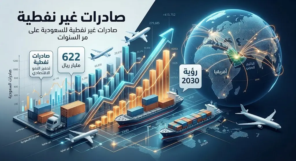 تصميم بياني يبرز نمو الصادرات السعودية غير النفطية وتجاوزها 622 مليار ريال لدعم مستهدفات رؤية المملكة 2030.
