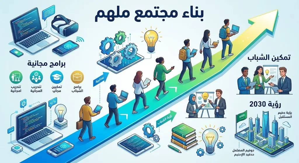 إنفوجرافيك احترافي يوضح مسار دعم الشباب وتزويدهم بالأجهزة والبرامج المجانية لبناء مجتمع ملهم.