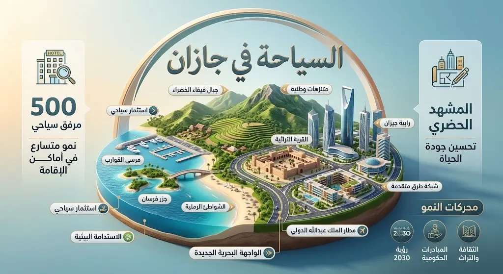 إنفوجرافيك يبرز تنوع جازان الطبيعي وتطوير أكثر من 500 مرفق سياحي لدعم المشهد الحضري والسياحة.
