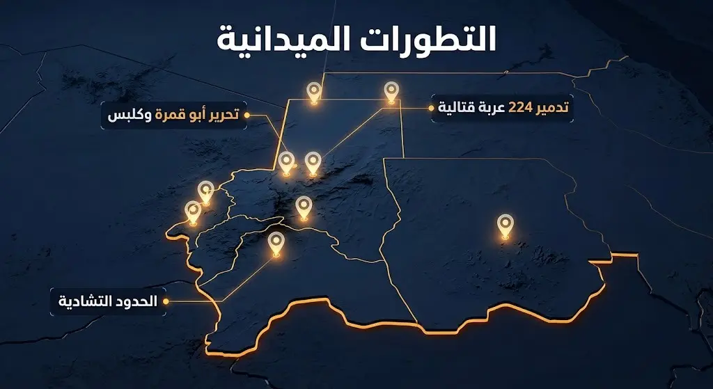 خريطة معلوماتية تستعرض التطورات الميدانية الاستراتيجية في إقليم دارفور، وتحرير مناطق حيوية، وتدمير 224 عربة قتالية.
