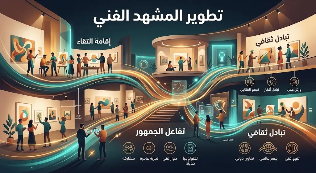 تصميم بصري تعبيري يجسد التبادل الثقافي والتفاعل المباشر بين الجمهور والفنانين في مساحات الاستوديو المفتوح.