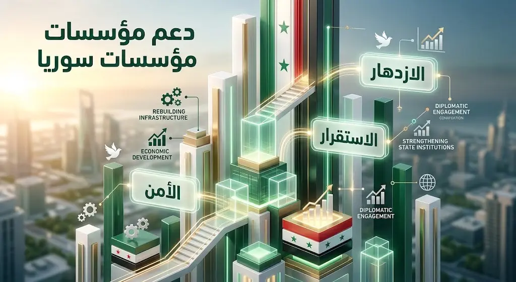 تصميم بياني يجسد مسار بناء مؤسسات الدولة السورية ودعم استقرارها الأمني والاقتصادي