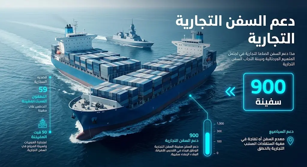 إنفوجرافيك يوضح الدعم العسكري لضمان عبور السفن التجارية بأمان، ويتضمن إحصائية تشير إلى تقديم المساعدة لأكثر من 900 سفينة