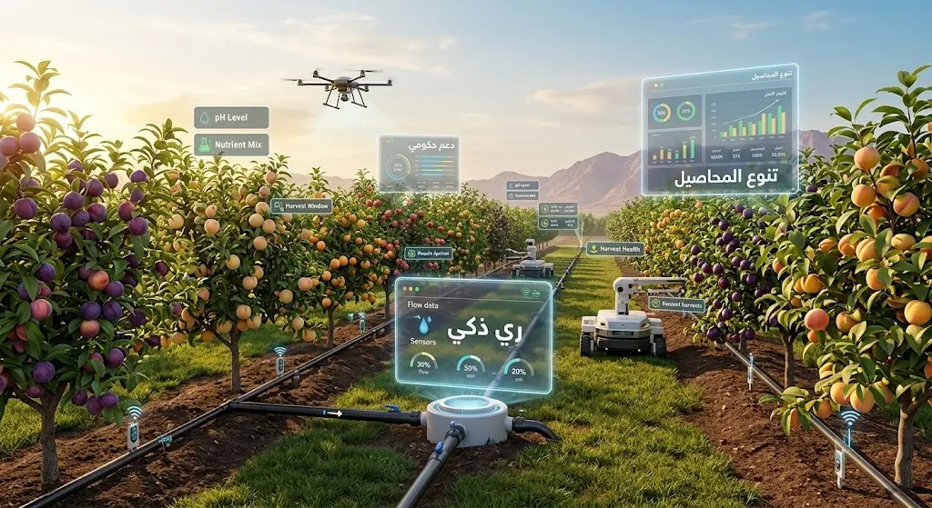 مشهد تعبيري يدمج بين وفرة محاصيل اللوزيات في تبوك وتقنيات الري الحديثة والزراعة الذكية المدعومة حكومياً.
