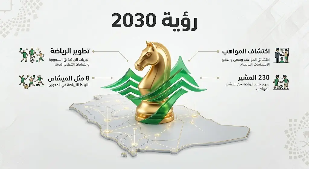 إنفوجرافيك إبداعي ثلاثي الأبعاد يجمع بين عناصر الهوية البصرية لرؤية السعودية 2030 وقطعة حصان الشطرنج الذهبية، مع نصوص تبرز أهداف تطوير الرياضة واكتشاف المواهب.
