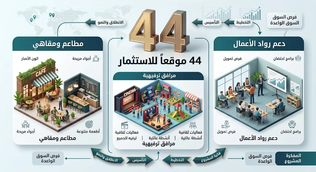 إنفوجرافيك احترافي يبرز 44 فرصة استثمارية لرواد الأعمال في مجالات المطاعم والترفيه.