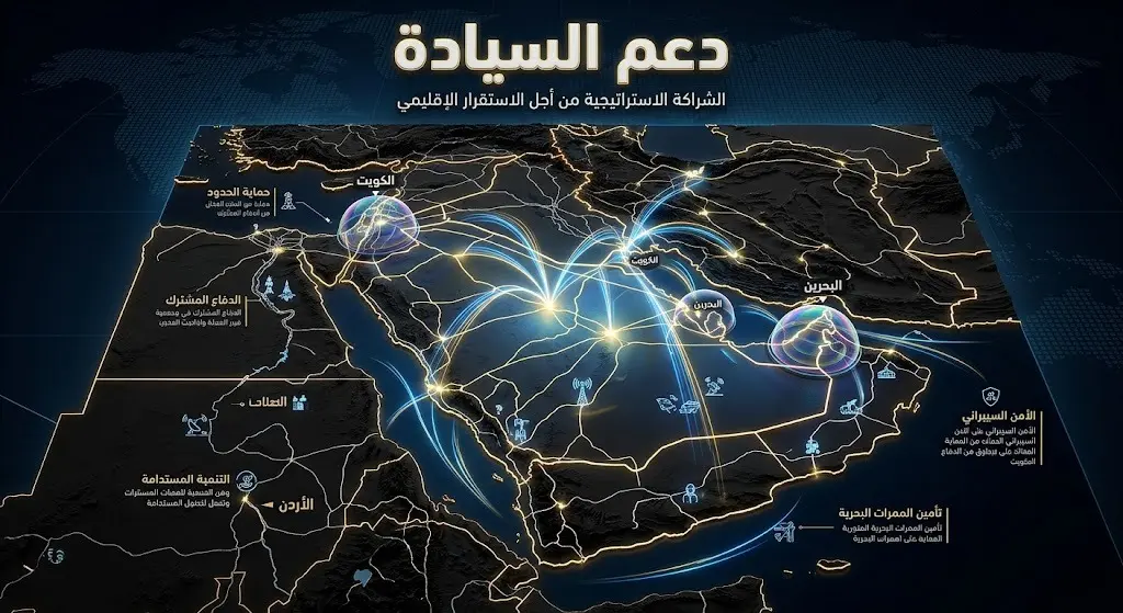 إنفوجرافيك يوضح خريطة الشرق الأوسط مع خطوط دعم وحماية تمتد من السعودية إلى الكويت والبحرين والأردن.