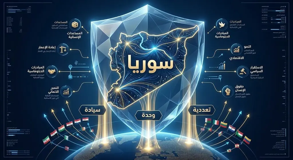 تصميم بصري يستعرض المبادئ الثلاثة للرؤية الفرنسية تجاه سوريا: السيادة، وحدة الأراضي، والتعددية.