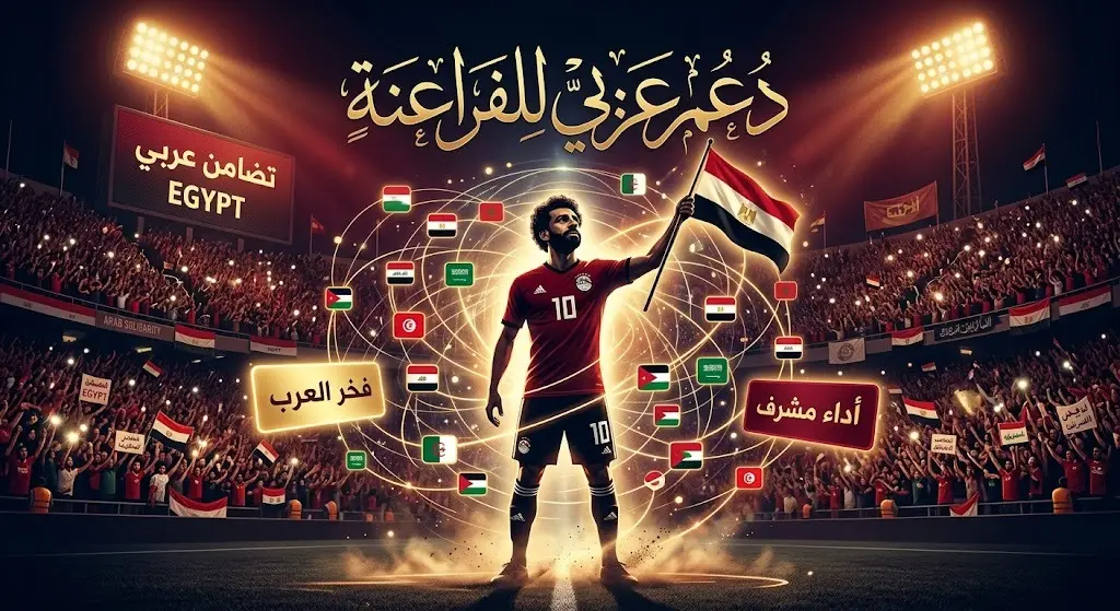 تصميم فني إبداعي يظهر لاعباً مصرياً بشموخ، محاطاً بعبارات الدعم العربي وإضاءات تعكس الفخر بالأداء البطولي أمام الأرجنتين.